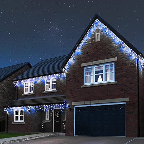 Festive Lights - ConnectPro® 5m Connectable Christmas Icicle Lights - 120 Blue & White Static LEDs - Mains Operated IP65 Outdoor Waterproof Seasonal Hanging Decoration - Heavy Duty White Rubber Cable