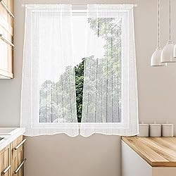 Cortinas Roller Para Cocinas Modernas HOMEYA - Cortina cocina tranaparente 2 unidades - Visillo para cocina diseño de rayas 2 paneles para ventana - 60 x 120 Blanco