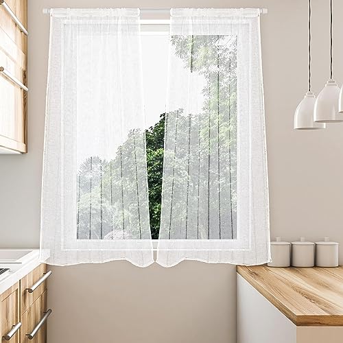 HOMEYA - Cortina Cocina tranaparente 2 Unidades - Visillo para Cocina diseño de Rayas 2 Paneles para Ventana - 45 x 120 Blanco