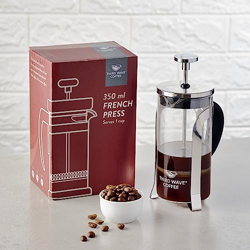 Image of THIRD WAVE COFFEE French Press Coffee Maker 350ml I 4-Level Filtration IPremium Heat Resistant Borosilicate Glass I Stainless Steel Housing I Filter Coffee Maker, Tea Maker |Extra Filter Mesh