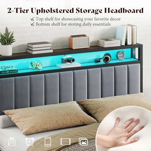 Image of AMERLIFE Full Bed Frame with LED Light and 2 Storage Drawers, Metal Platform Bed with Storage Headboard, Velvet Upholstered, Heavy-Duty Slats, No Box Spring Needed, Easy Assembly, Grey