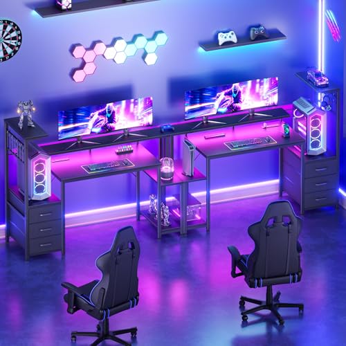 Image of Korfile 48 Inch Gaming Desk with LED Lights & Power Outlets,Computer Desk with Fabric Drawers & Side Hook,Reversible Gamer Table with Monitor Stand for Game Room,Home Office,Carbon Fiber Black