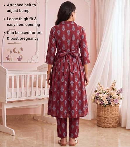 Image of DUMMY SHAPE Maternity Dresses for Women Cotton Rayon | Floral Kurta Pant Dupatta Set with Nursing Zippers to Pre & Post Partum | Feeding Kurtis | Mom to Be Gifts for Pregnant Woman
