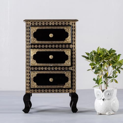 Image of Wooden Bedside Table for Bedroom with Drawers | Solid Wood Bed Side Table with Drawers | Side Table for Living Room | Traditional Rajasthani Art Chest of Drawer for Home (Dark Black)