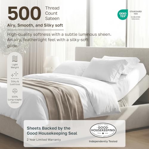 Image of California Design Den 100% Cotton Sateen Split King Sheets Set, 5 Pcs | 500 Thread Count with Good Housekeeping Seal, Split King Sheets Sets for Adjustable Bed with 2 Separate Twin-XL Mattresses