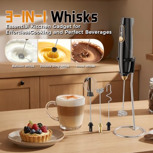 Image of Rechargeable Milk Frother Wand with Stand, Electric Handheld Coffee Frother with 3 Detachable Whisks, Travel Milk Foamer for Protein Powder, Drinks, Espumador de Leche Electrico