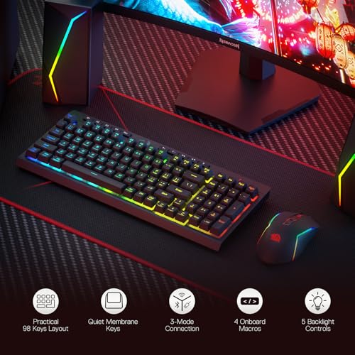 Image of Redragon S142 Wireless Gaming Keyboard & Mouse Combo, 98 Keys K515 PRO RGB Membrane Keyboard & 4800 DPI Wireless 2.4Ghz Gaming Mouse Bundle, Convenient Shared Dongle