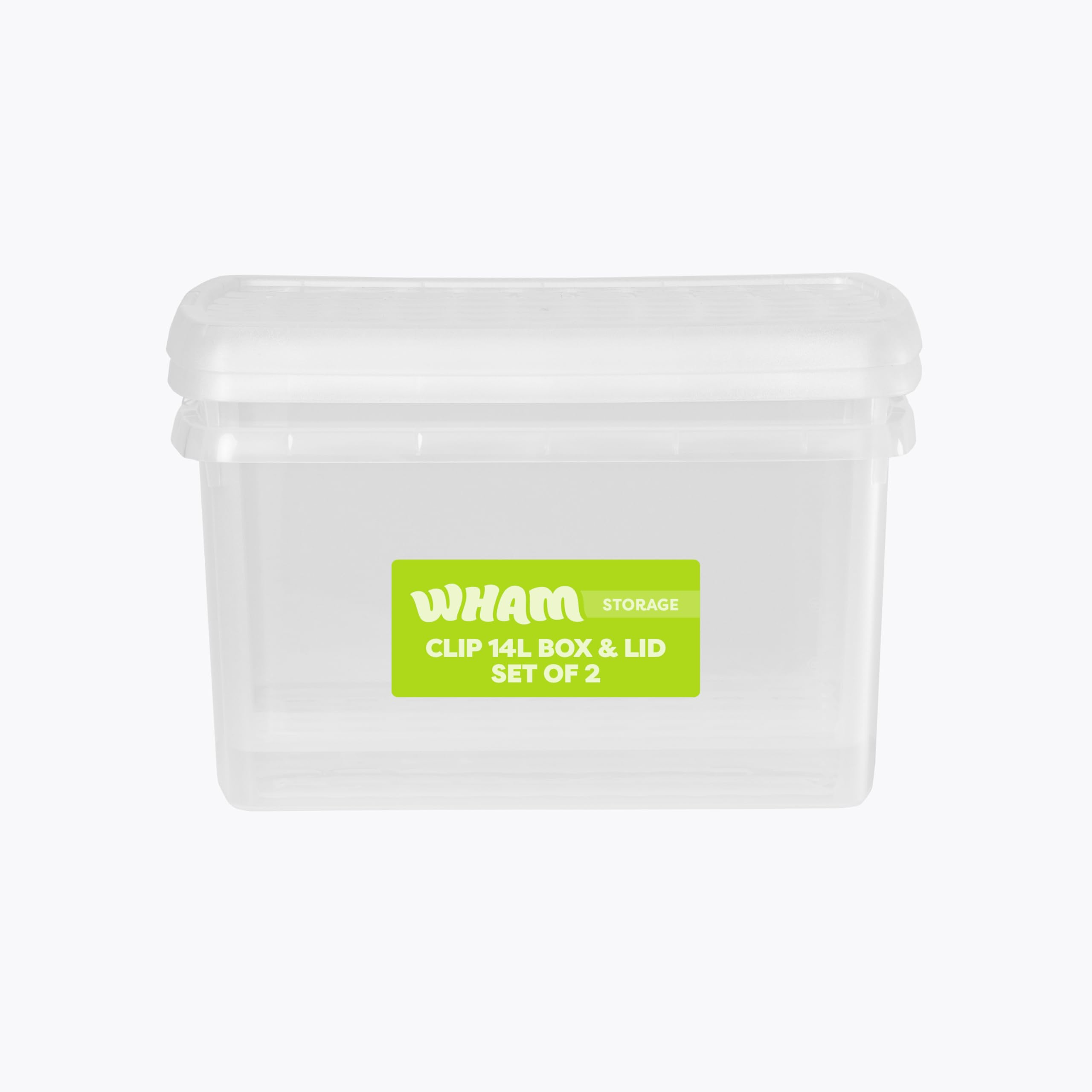 Wham Clear/Clear Clip 2 X 14L Rectangular Stackable Plastic Storage Boxes With Lids | Ideal For Home, Office, Toys & More | Storage Containers With Clip Locks | Made In Uk