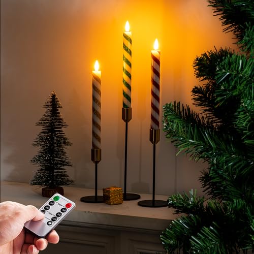 Image of Homemory Waxy Spiral Glitter Flameless Taper Candles with Remote, Timer, Dimmer, Battery Operated CandleSticks with Flickering Light, Led Window Candles for Christmas Decoration 6 Pcs, 9.6 Inches