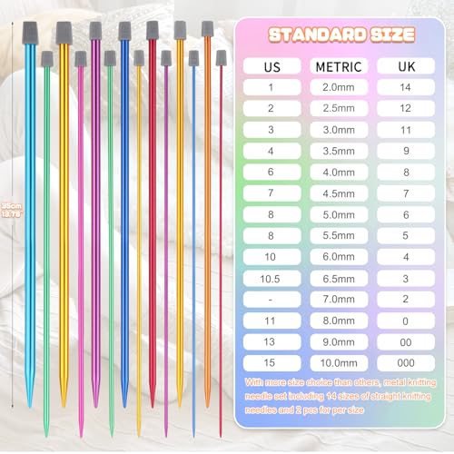 Reessy Coloured Knitting Needles Set-35cm Long, 28 Pcs/14 Pair 2 mm-10 mm Aluminium Single Pointed Needle, Long Knitting Needles, Straight Metal Knitting Needle with Soft Storage Case for Beginners - Image 3