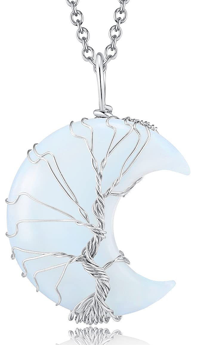 ReaowazoCrystal Necklaces Tree of Life Moon Necklace for Women Wire Wrapped Witch Stones Pendant with Chain Natural Stones Jewelry