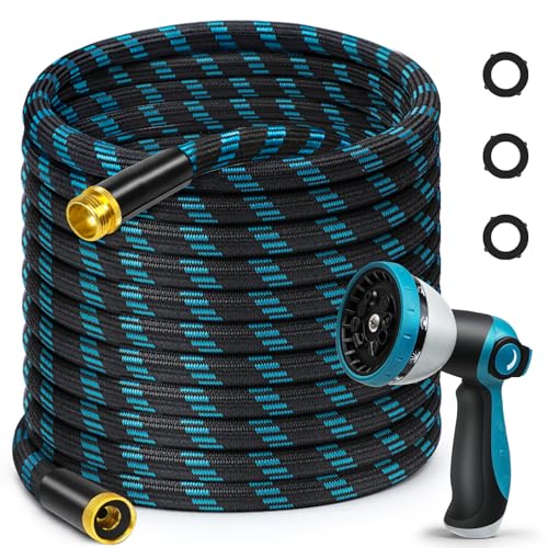 Svansea 75FT Garden Hose Non-Expandable Flexible Fabric Water Hose with 10-Function Spray Nozzle Kink-Free & Lightweight Yard Hose with 3/4 Solid Brass Connectors for Lawn Outdoor RV & Marine Use