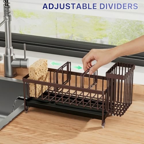 Image of Cisily Brown Sponge Holder for Kitchen Sink, Sink Caddy Organizer with High Brush Holder, Kitchen Countertop Organizers and Storage Essentials, Rustproof 304 Stainless Steel, Soap Dispenser Organize