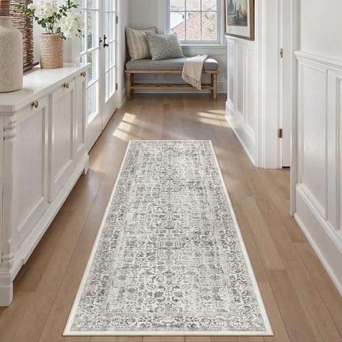 PureCozy Black Runner Rug 2x6 Hallway Machine Washable Kitchen Vintage Distressed Non Slip Long Carpet Indoor Retro Floral Bedroom Accent Throw Rug for Bathroom Office Laundry Dining Room 2'