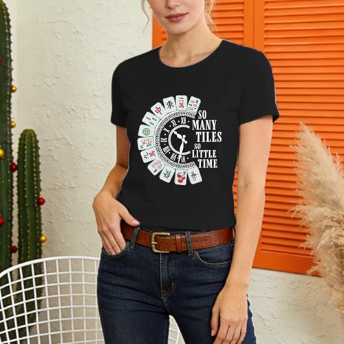 Image of Mahjong Shirts for Women-Mahjong Tiles Clock Short Sleeves | Soft Lightweight Crew Neck Shirt Great for Mahjong Party Gatherings Game Night Gift Tee for Mahjong Players