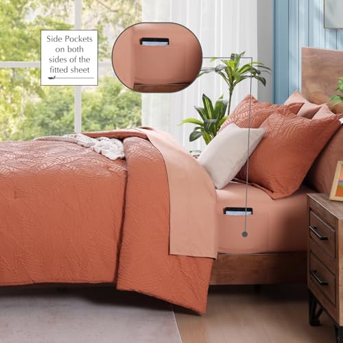Image of Full Size Comforter Sets - 7 Pieces Textured Bed in a Bag Full Bedding Set | All Season Burnt Orange Botanical Comforter Bed set with Sheets, Pillowcases & Shams
