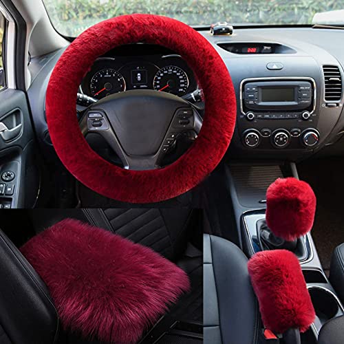 WenMei 1 Set 4 Pcs Fluffy Steering Wheel Cover&Handbrake Cover&Gear Shift Cover&Fluffy Auto Center Console Cover Faux Wool Steering Wheel Covers for Women Universal Car Interior Accessories (Wine red)