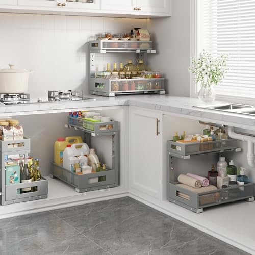 Image of 1 Pack-11.4 inch-16.14 inch H Under Sink Storage Organizer, Large 2-Tier Elegant Mesh Pull Out Shelf for Kitchen & Bathroom Cabinet Organization, L-Shaped, Adjustable Height-Gun Gray