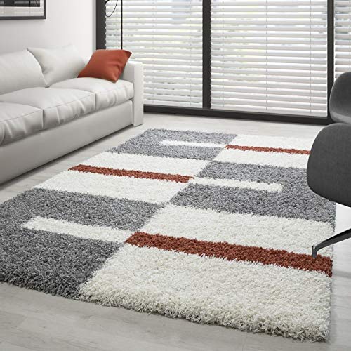 Tapis shaggy à poils longs gris blanc terre cuite 240x340cm