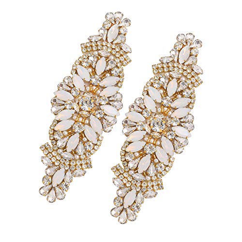 Weztez Gold Crystal Rhinestone Applique with Opal Rhinestone for Bridal Belt Wedding Dress Garters Headpieces (Gold, 2pcs) - Main Image