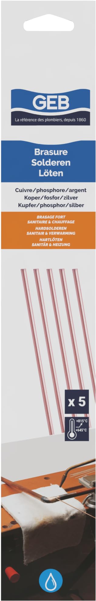 GEB Baguettes cuivre/phosphore/Argent pour brasage Fort. S'utilise sur tuyauteries d'installations sanitaires, de Chauffage… - 5 Baguettes