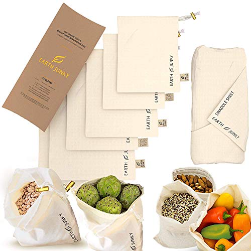 Organic Reusable Muslin Produce Bags - Washable Cotton Muslin Grocery Bags for Fruit and Veg Storage - 6 Food Grocery Bags and 1 Bonus Greens Swaddle Sheet - Eco Friendly Drawstring Bag Set - S, M, L