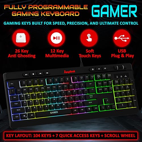 Image of Gamer Programmable RGB Gaming Keyboard | 26 Anti-Ghosting Keys | Windows Lock Key | 11 RGB Backlight Mode with Music Sync Mode | 7 LED Speed & Brightness Levels | 1.8 M Braided Cable