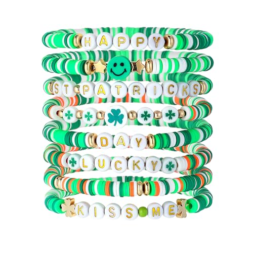 DUIOQ St Patrick's Day Bracelets for Women,St Patricks Day Accessories,Saint Patricks Outfits for Women,8 Pcs Trinity Green Bracelets,Irish Gifts,Stacks Four Leaf Clover Bead Lucky Bracelet