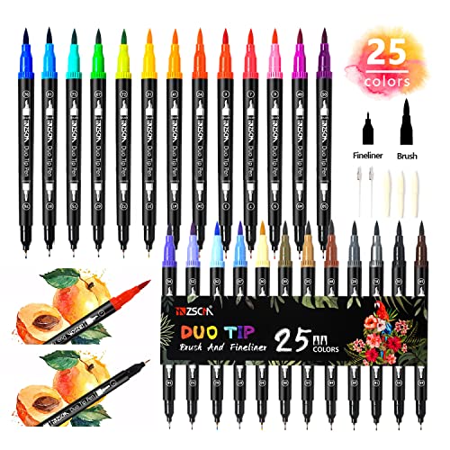 ZSCM 25 Couleurs Feutres à Pointe Pinceau avec Marqueurs Aquarellables Double Pointe Fine Fineliner Plumes pour Adulte Livres de coloriage, Bullet Journal, Calligraphie et Dessins, Croquis…
