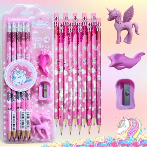 Image of PLUSPOINT 26 Pieces Unicorn Pencils for Girls, 20 Unicorn Pencils with 2 Erasers 2 Grips 2 Sharpeners Colorful Kids Pencils Cute Unicorn School Supplies for Classroom Reward Party Favor (unicorn)