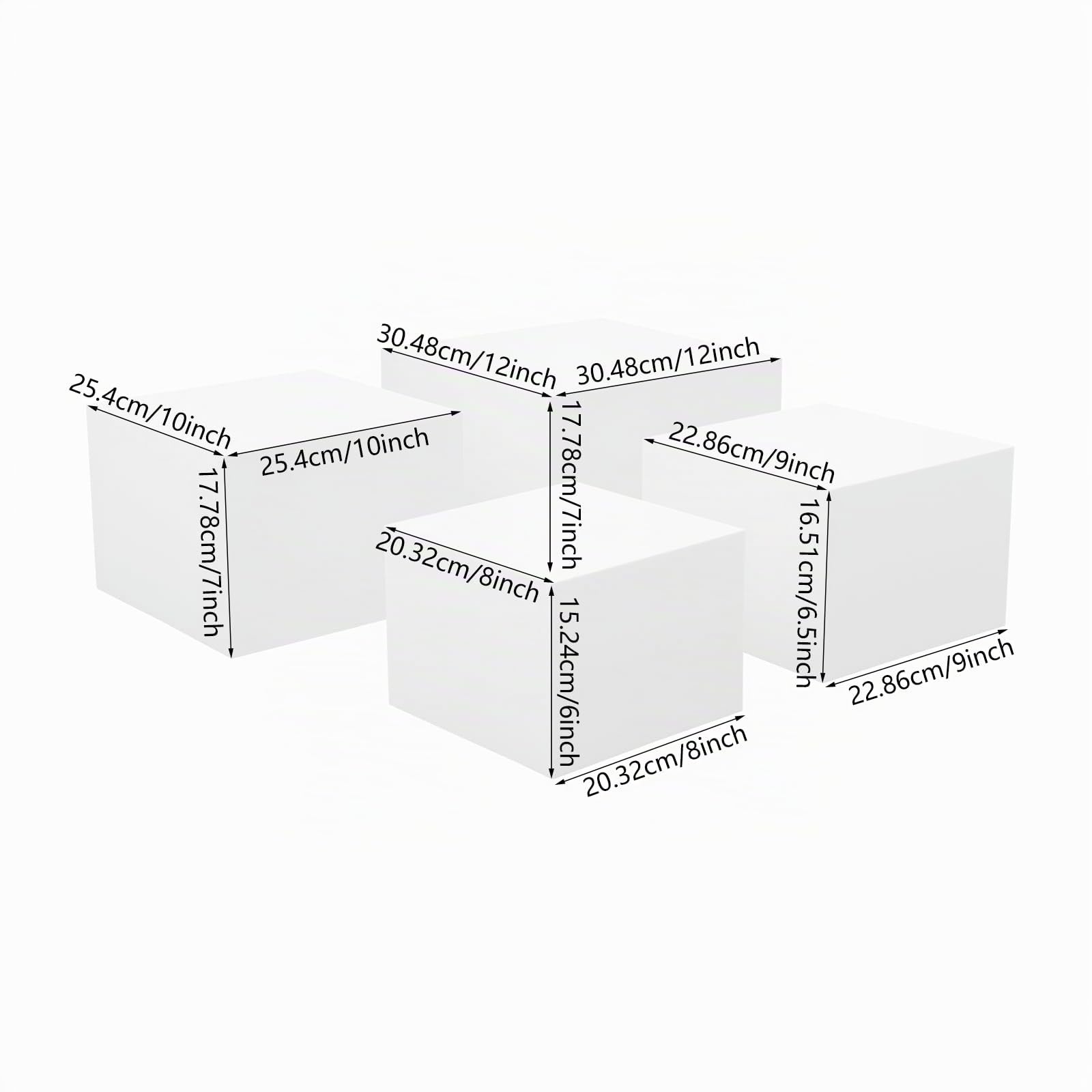 Lot de 4 présentoirs à gâteau en acrylique blanc en 4 tailles (20,4/20,35/30,54 cm) empilables pour cupcakes, objets de collection, bijoux et cosmétiques