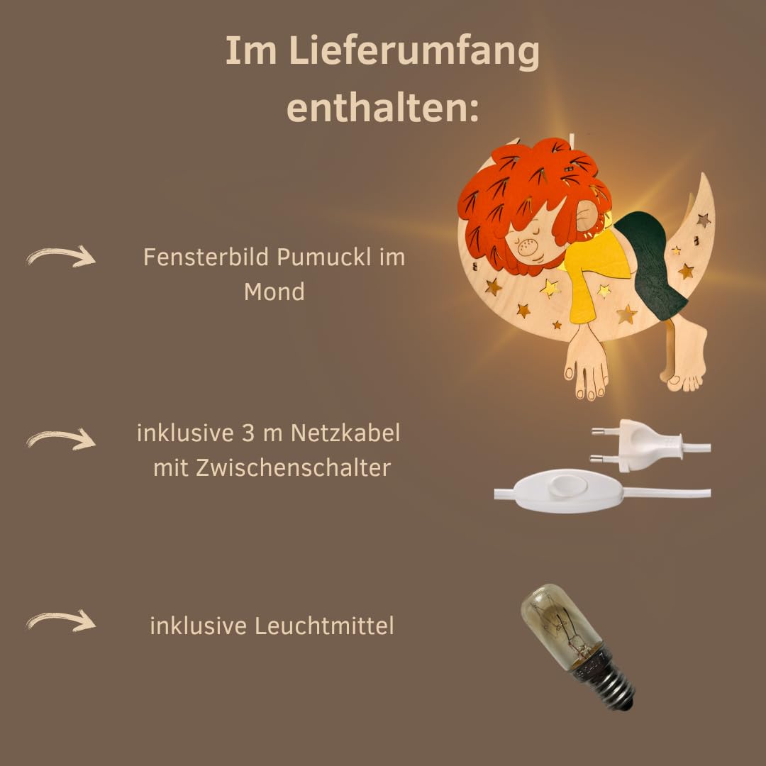 weigla - Fensterbild original Erzgebirge I Motiv Pumuckl im Mond I Weihnachtsdeko I 1 Lampe I 7 W, E14 I Weihnachtsbeleuchtung I Fensterdeko hängend