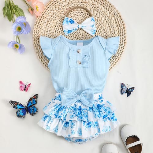 Newborn Baby Girl Clothes Infant Summer Outfits Flying Sleeves Romper and Flora Skirt Set for 0-3-6-12-18 Months2