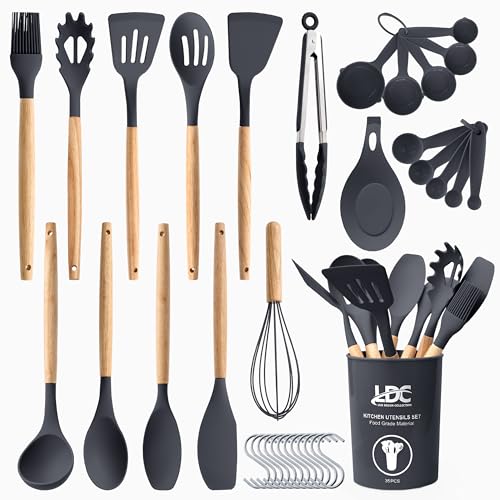 LDC Silicone Cooking Utensils Set 35 Piece with Holder - BPA Free Food Grade Silicone, Heat Resistant Wooden Handles, Cooking Spatula Set for Nonstick Cookware (Grey)