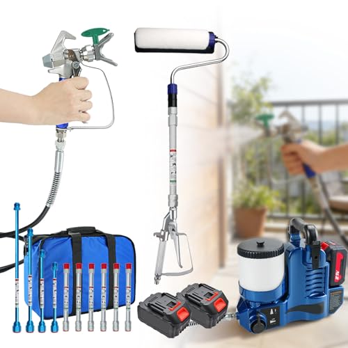 QJJML Pulverizador de Pintura sin Cable ni Aire comprimido - 2 en 1, máquina de pulverización sin Aire con Rodillo motorizado, depósito Grande de 1,2 litros, Ajuste de presión de 6 Niveles.