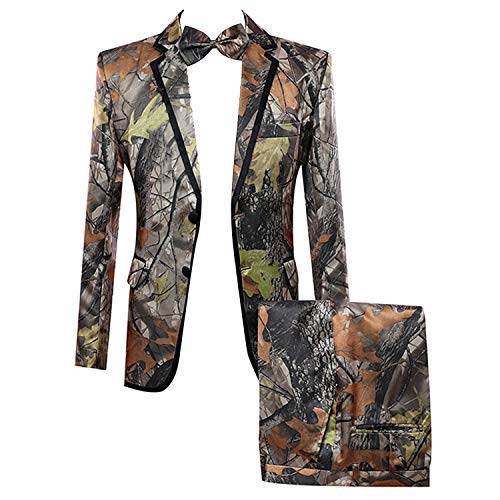 HBDesign Mens 2 Piece 2 Button Flat Collar with Black Trim Camouflage Suit (Jacket+Pants+Bowtie)