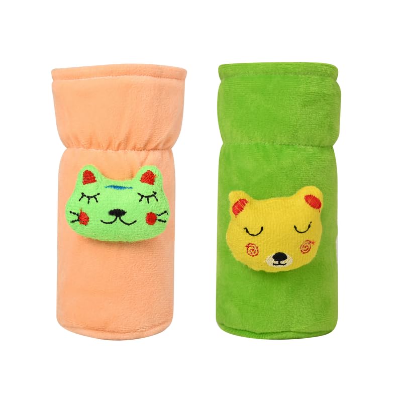 Da Anushi Soft Plush Stretchable Baby Feeding Bottle Cover Easy to Hold Strap with Cute Animated Cartoon| Suitable for 60-125 Ml Feeding Bottle (Peach-Green)-picture-11