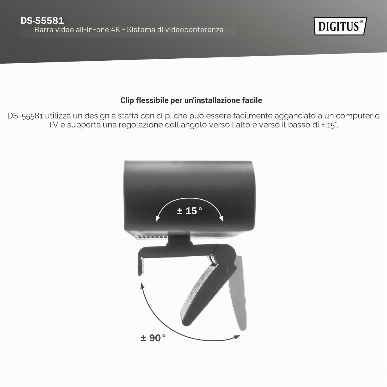 DIGITUS DS-55581 Video Bar Mini, Sistema di videoconferenza - Webcam 4K UHD 30 Hz ePTZ - 2 microfoni interni - altoparlante interno 2 W - messa a fuoco e zoom automatici, cancellazione dell'eco