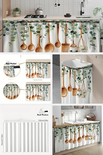 Image of Premium Printed Kitchen Sink Curtain | Washable & Dustproof Rod Pocket Counter Skirt | Perfect for Any Sink,Counter | Cooking Theme Decor for Home & Kitchen (150cm X 70cm)(Spoon Curtain)