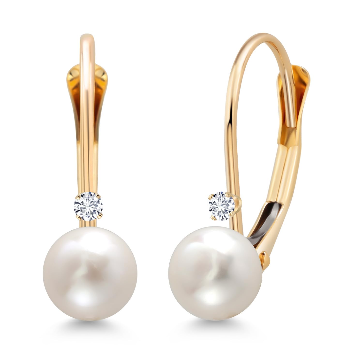 Gem Stone King White Cultured Freshwater Pearl and Gemstone Birthstone Leverback Earrings for Women in 14K Yellow Gold