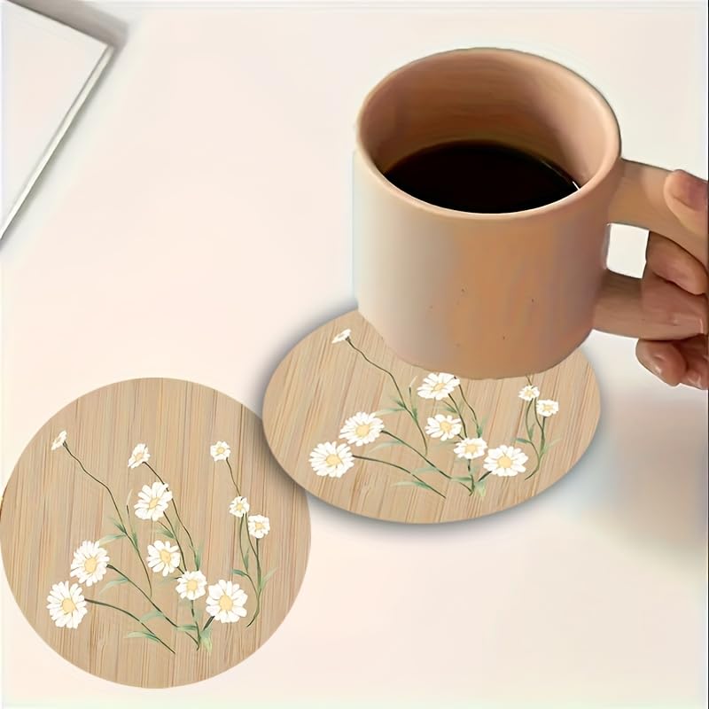 Image of 6pcs Daisy Pattern Wooden Coasters Set - Simple Style, Hand Washable, Natural Animal Theme, Ideal for Home Decor and Gifts, Festive Gift Item|Natural Theme Decor|Handwashable Coasters