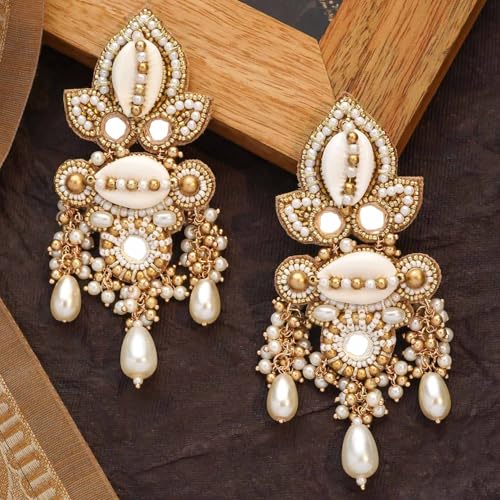 Image of SANJOYA by EVERSTYLISH Embroidered Earrings for Women | Shell, Beads & Pearl Drop Statement Dangler Earrings | Ethnic Jewelry for Weddings, Festivals & Special Occasions