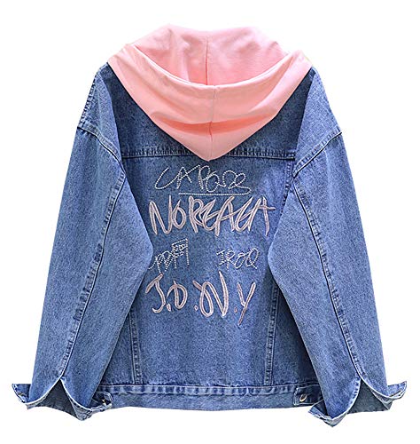 Kedera Women Detachable Hoodie Denim Jacket Embroidery Boyfriend Long Sleeve Jean Coat