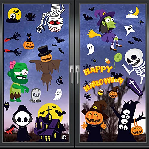 RITOSTA Halloween Autocollant Fenêtre Citrouille Chat Chauve-Souris Château Toile D'araignée Sorcière d'halloween Fantôme Mignons et Drôles Décorations De Fête Stickers (A, Taille unique) Cover