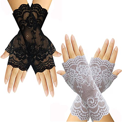 monochef Women Short Lace Gloves Sunblock Fingerless Bridal Wrist Gloves Opera Evening Wedding Tea Party Prom Cosplay 1920s (Black+White)