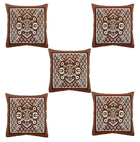 Image of Nendle Jacquard Weaved Decorative Velvet Cushion Cover /Sofa Pillow Cover 500 TC Set Of 5 Pieces (Camel, 16X16 Inches)