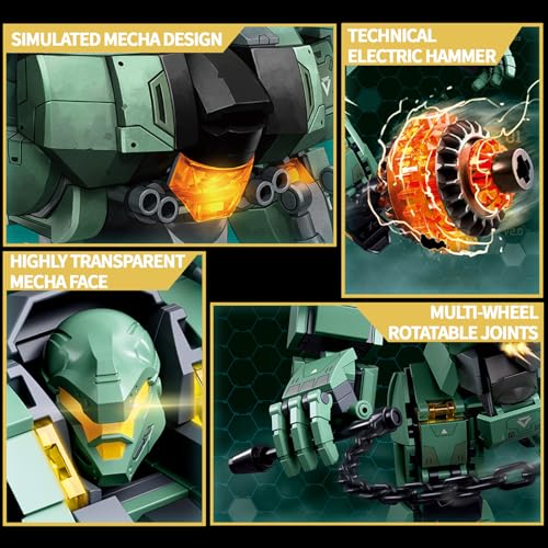 Image of Green Heavy Mecha Building Set 542 Pieces Armored Robot Action Figure with Meteor Hammer Weapon Articulated Military Warrior Model Kit Sci-Fi Collectible Gift for Adults Teens