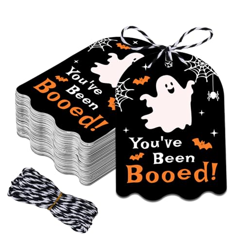 80 Pcs Halloween Tags with String - You've Been Booed & Cute Name Tags for Goodie Bags (Black You've Been Booed)