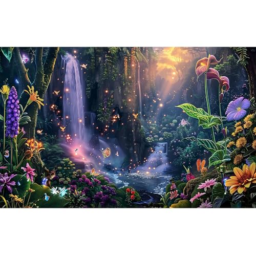 Fantasy Garden Aquarium Background Waterfall Tropical Forest Terrarium Backdrop Lush Moss Rainforest Flowers Sunlight Butterfly Fish Tank Background Tank Aquarium Wallpaper Poster Vinyl 72x24in