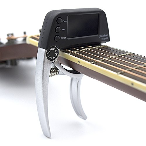 Professional Guitare Capo Tuner, Loftstyle chromatique Accordeur à pince avec lumière de rotation double écran couleur LCD écran une seule main Capodastre de Guitare en métal Noir SILVER Silver